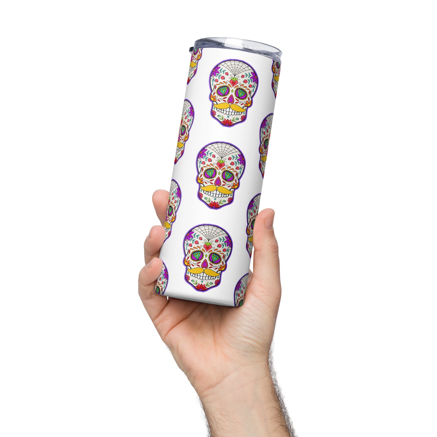 Mustache Sugar Skull Day of the Dead White Stainless steel tumbler cup with metal straw