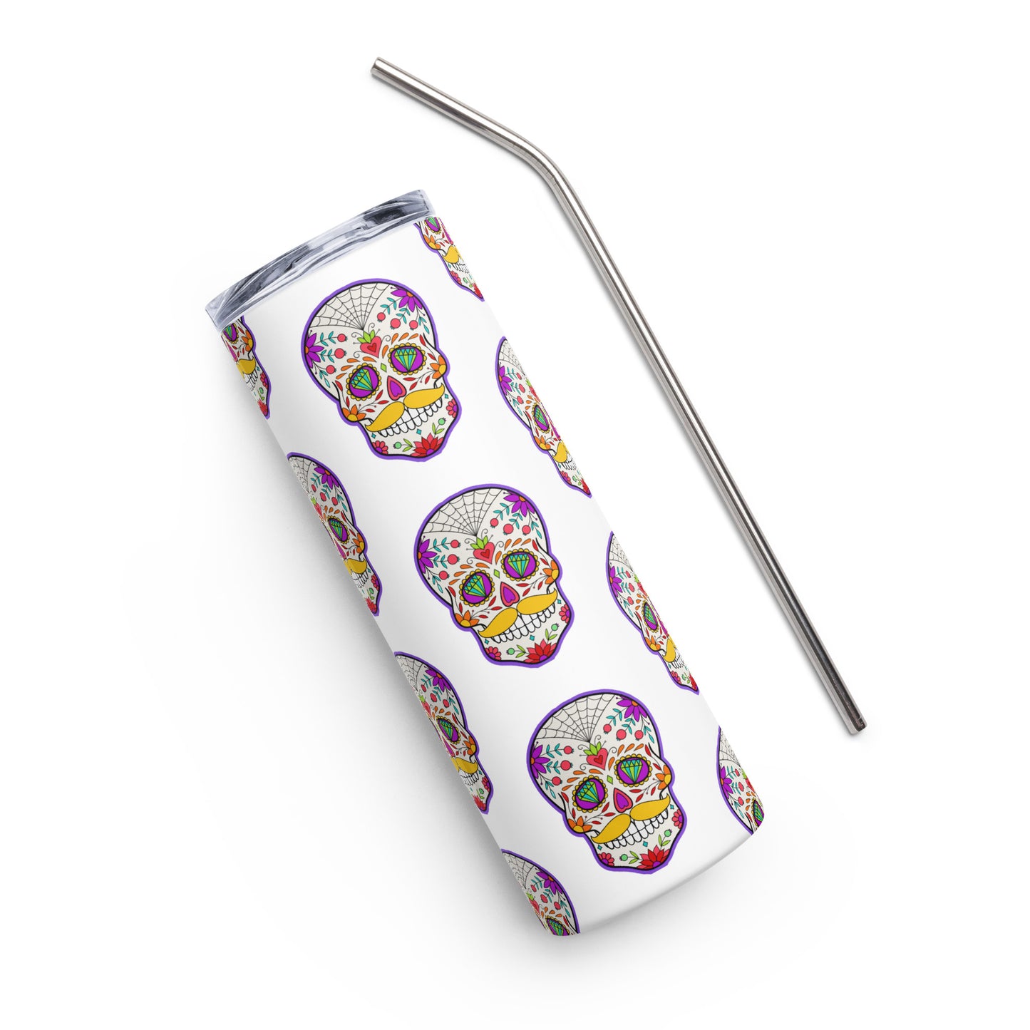 Mustache Sugar Skull Day of the Dead White Stainless steel tumbler cup with metal straw