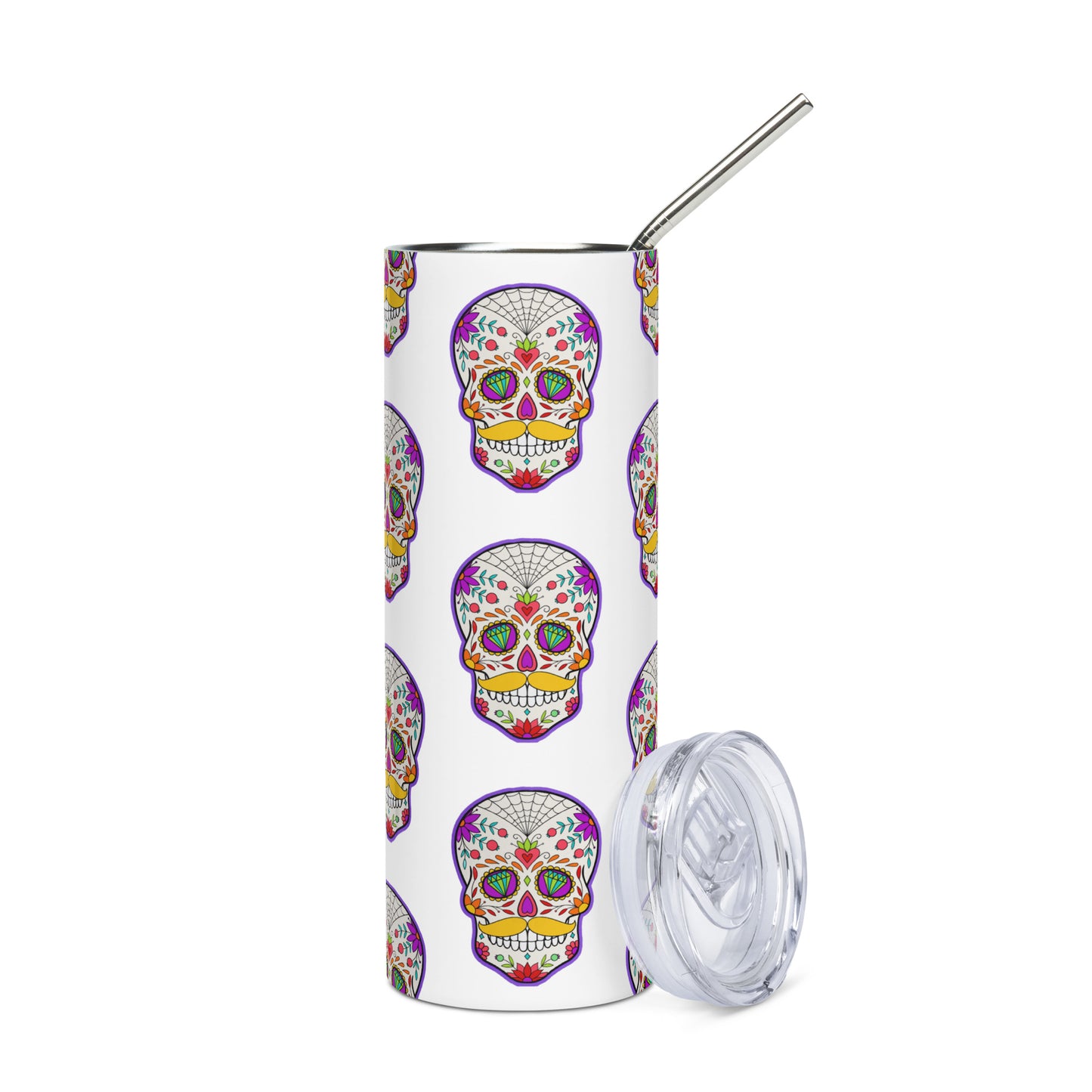 Mustache Sugar Skull Day of the Dead White Stainless steel tumbler cup with metal straw