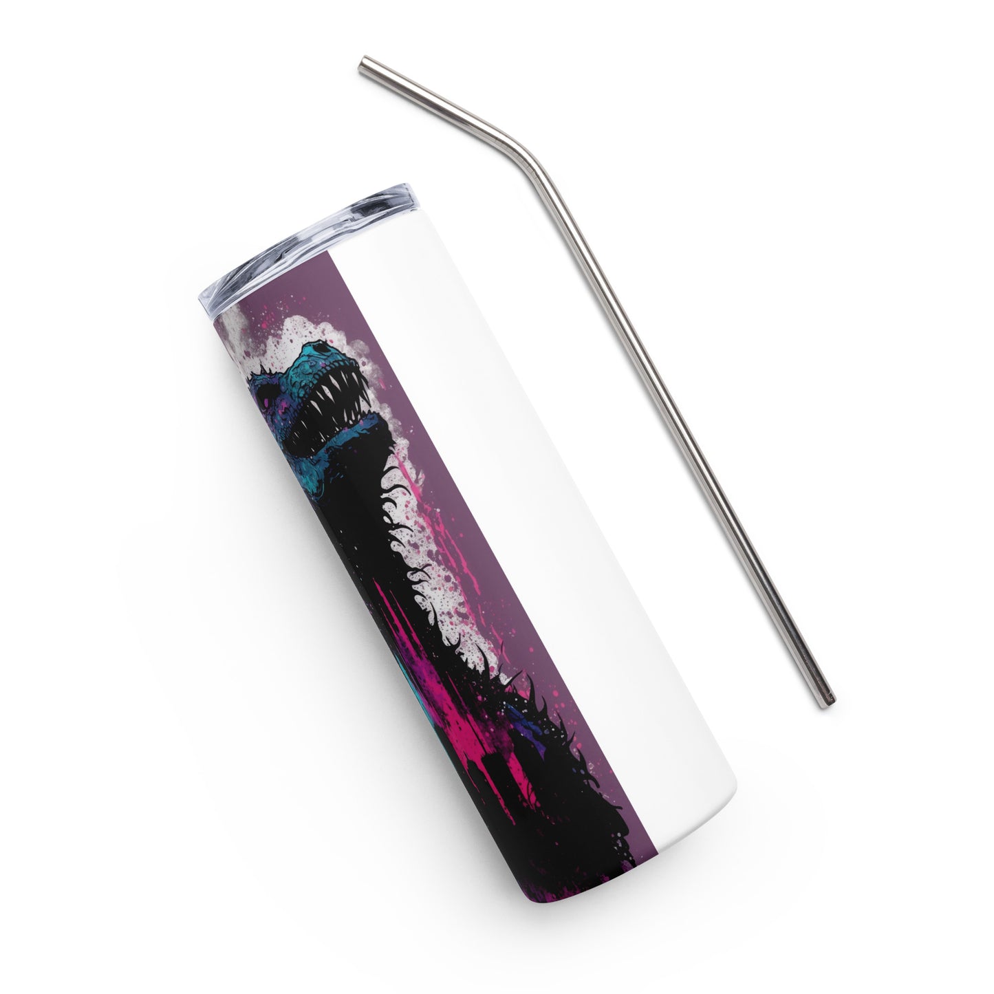 Spraypaint Godzilla Inspired Stainless steel tumbler cup with metal straw