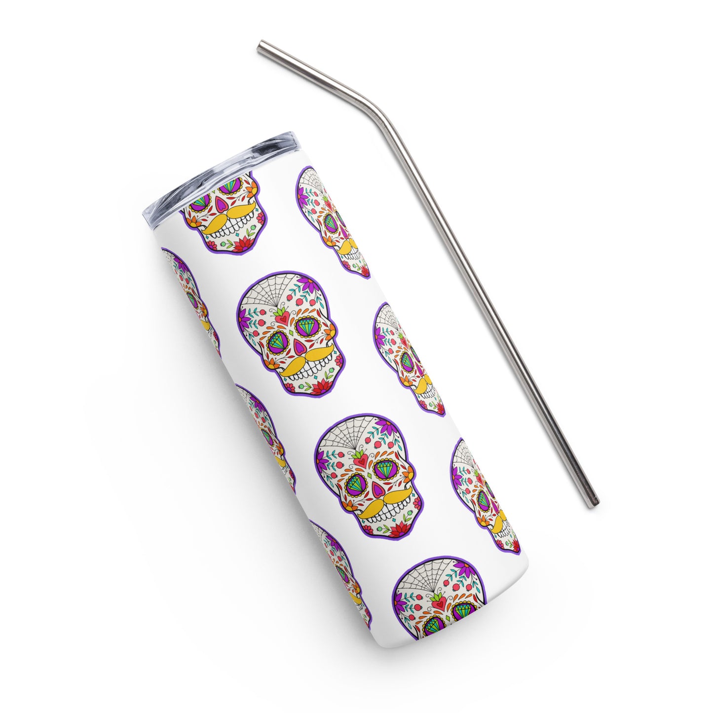 Mustache Sugar Skull Day of the Dead White Stainless steel tumbler cup with metal straw