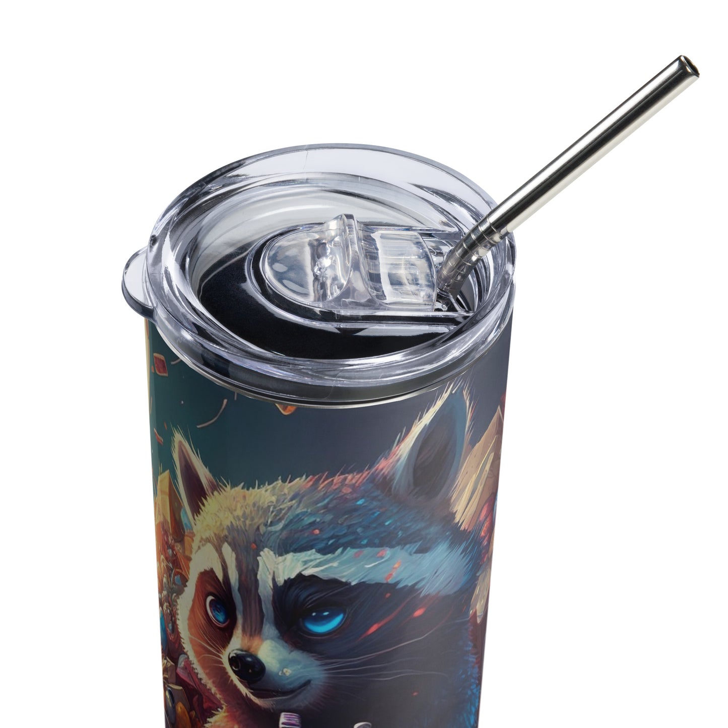 Snacks Raccoon Stainless steel tumbler cup with metal straw