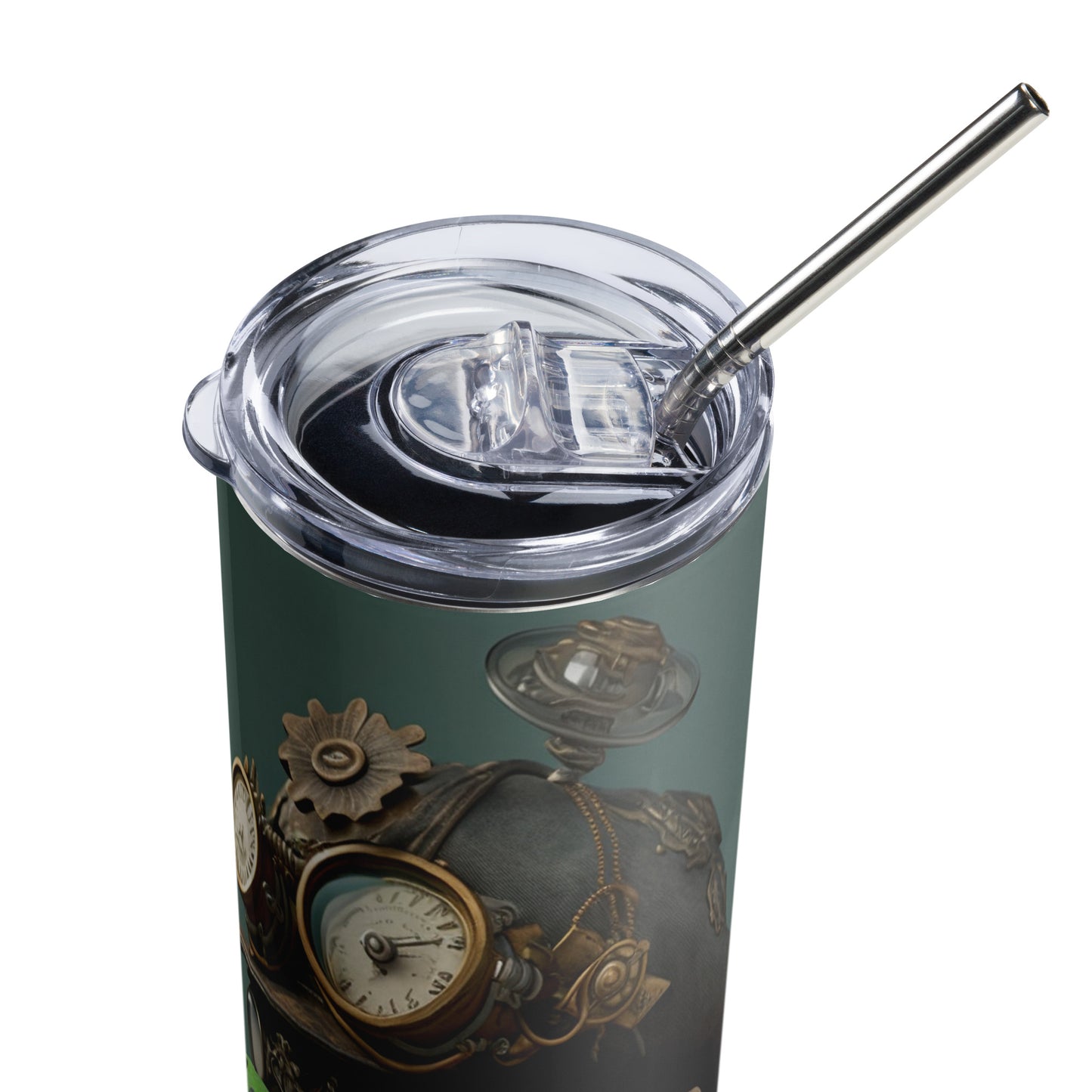 Steampunk Yoshi Stainless steel tumbler cup with metal straw