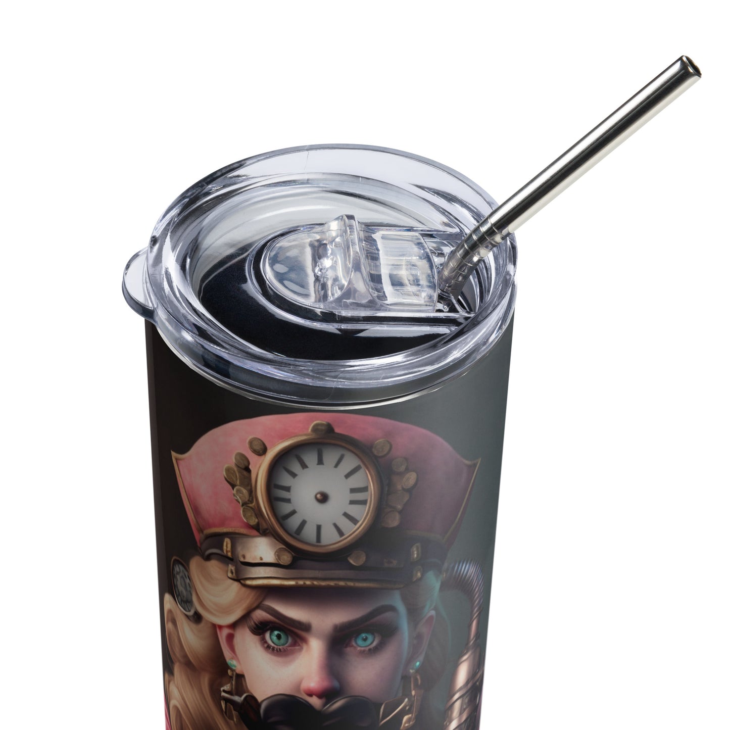 Steampunk Peach Stainless steel tumbler cup with metal straw