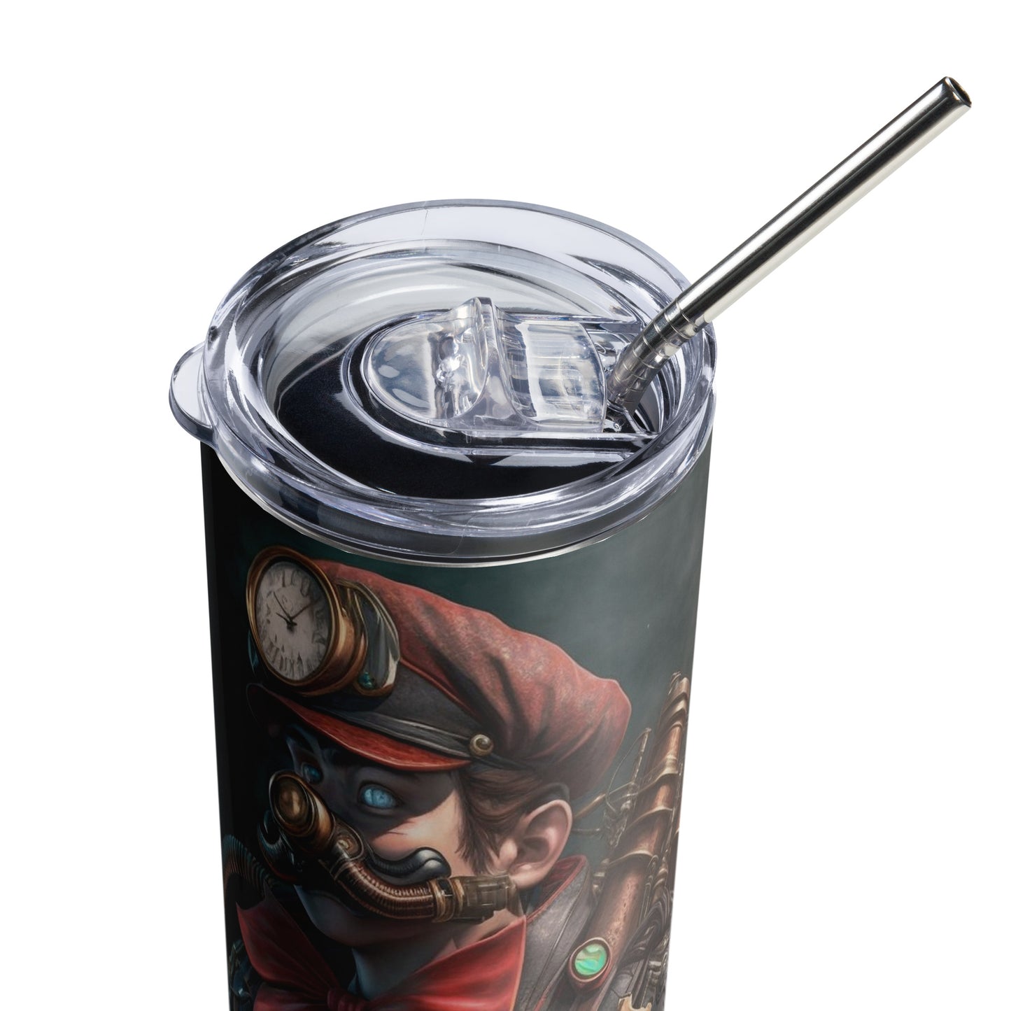 Steampunk Mario Stainless steel tumbler cup with metal straw