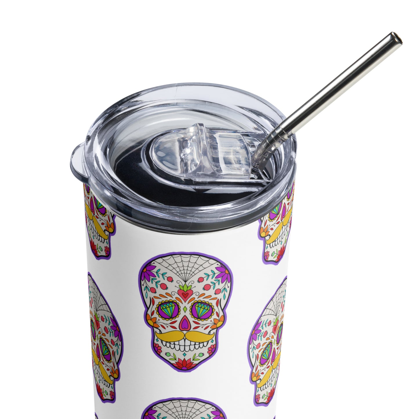 Mustache Sugar Skull Day of the Dead White Stainless steel tumbler cup with metal straw