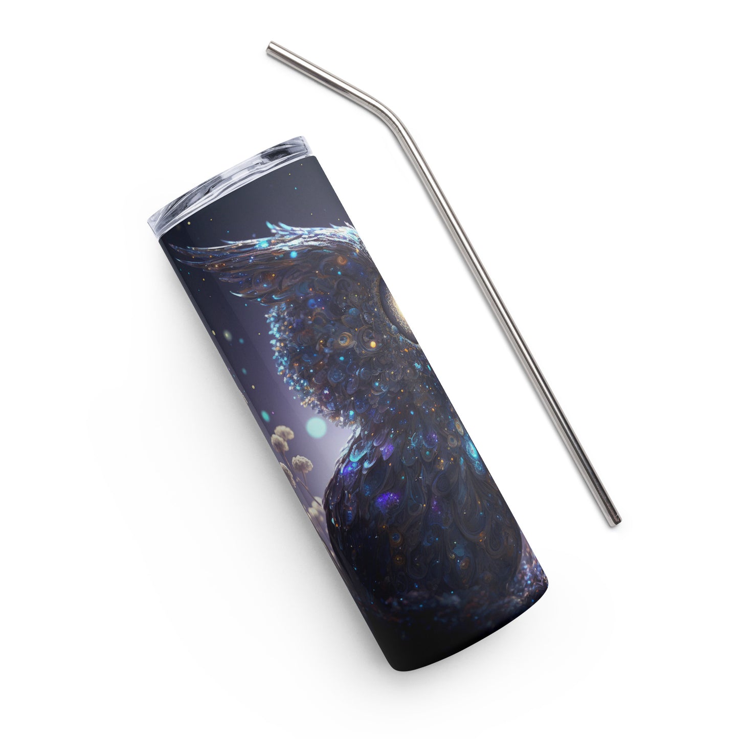 Celestial Owl Stainless steel tumbler cup with metal straw