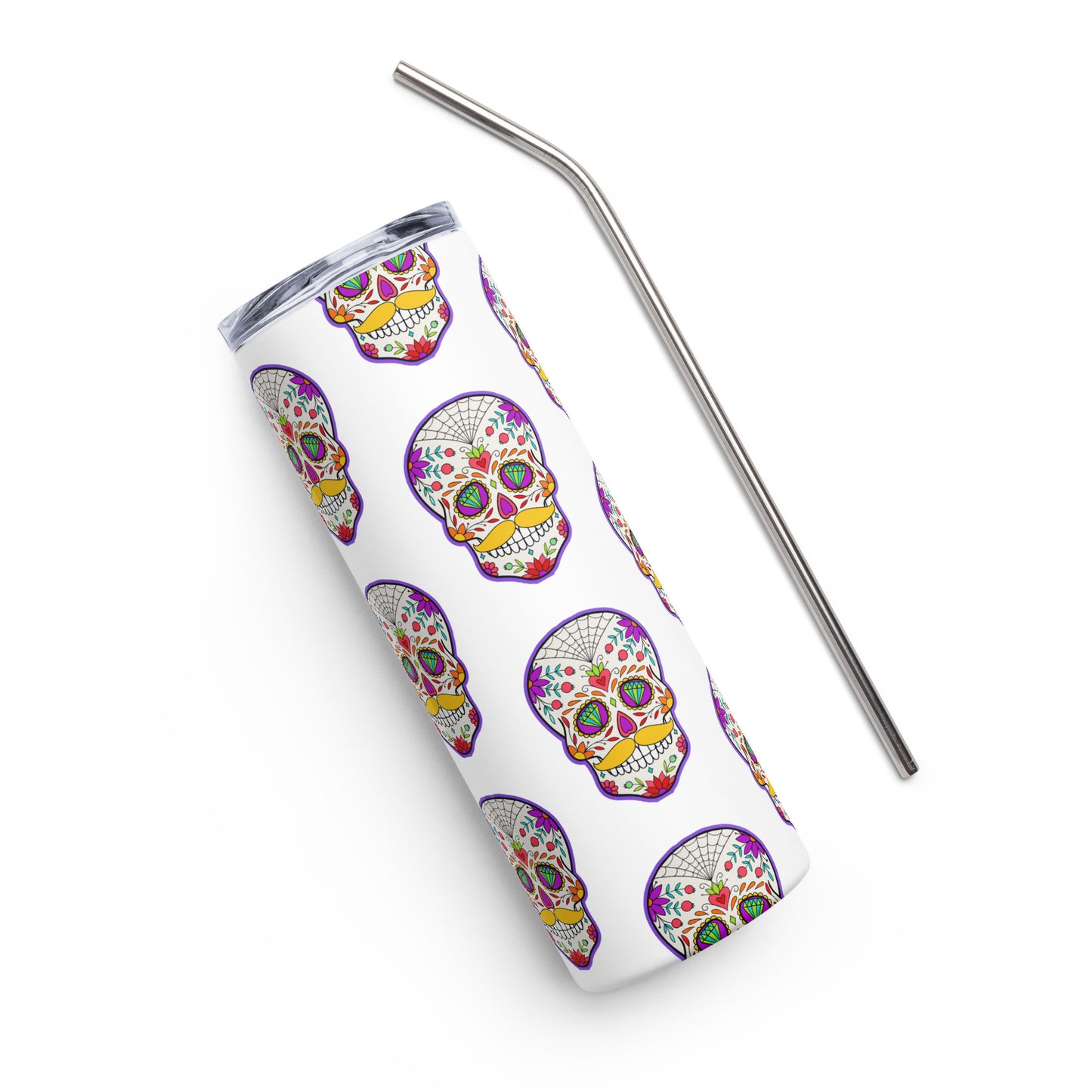 Mustache Sugar Skull Day of the Dead White Stainless steel tumbler cup with metal straw