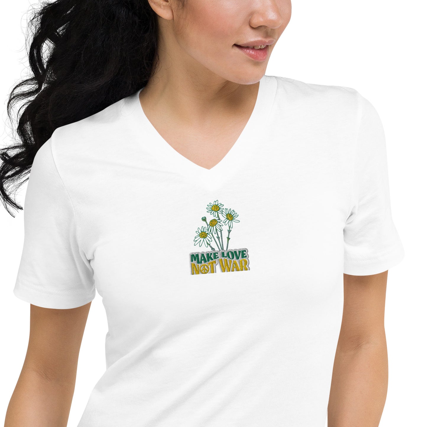 Make Love Not War Embroidered Unisex Short Sleeve V-Neck T-Shirt